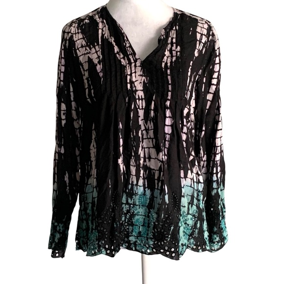NATURAL LIFE Small Black & Teal Tie Dye Ombre Lightweight Boho Festival  Blouse - Picture 1 of 6